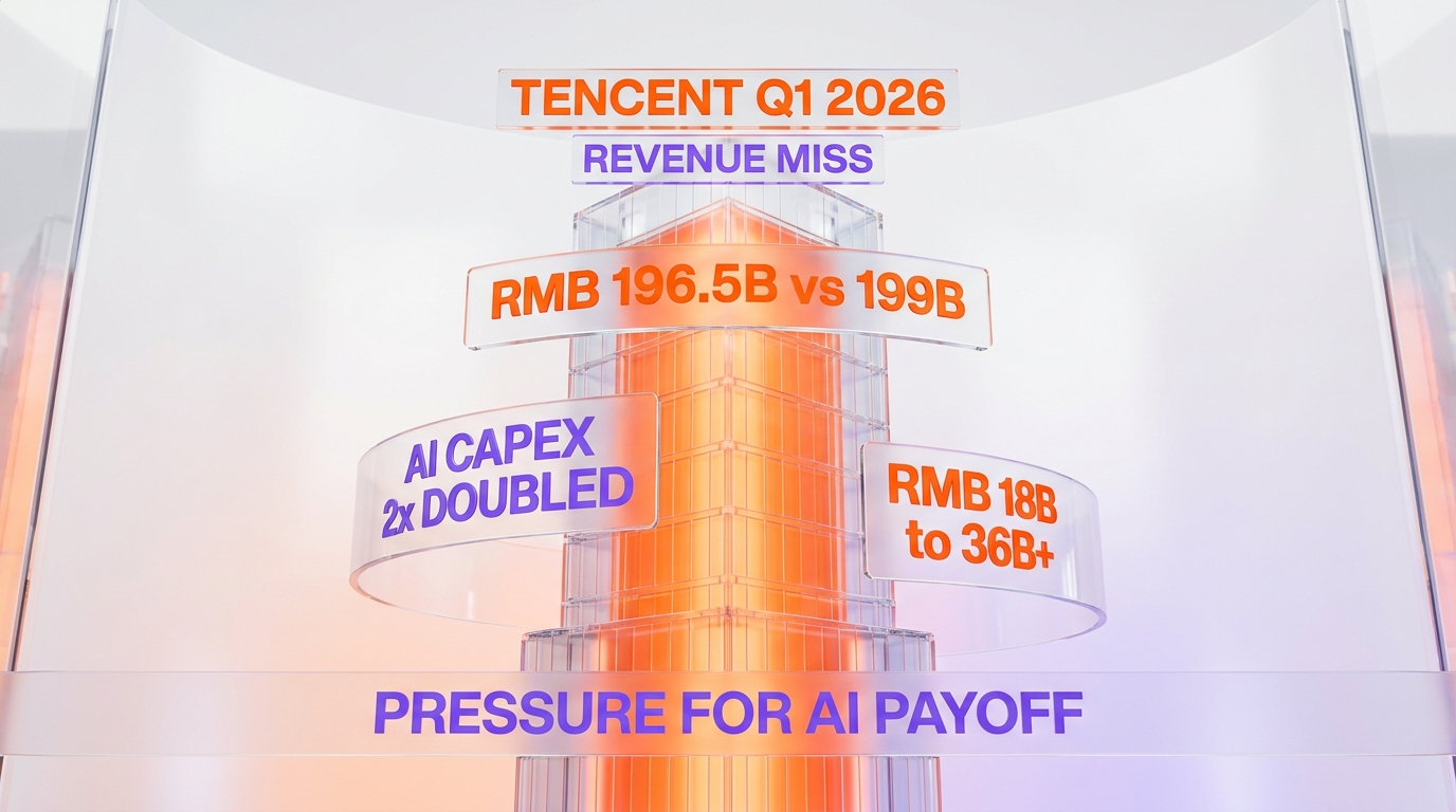 Glassmorphism Tencent Q1 2026 earnings tower — revenue miss RMB 196.5 billion versus RMB 199 billion consensus, AI capex doubled to RMB 36 billion plus for 2026 funding Hunyuan and Yuanbao, pressure for AI payoff