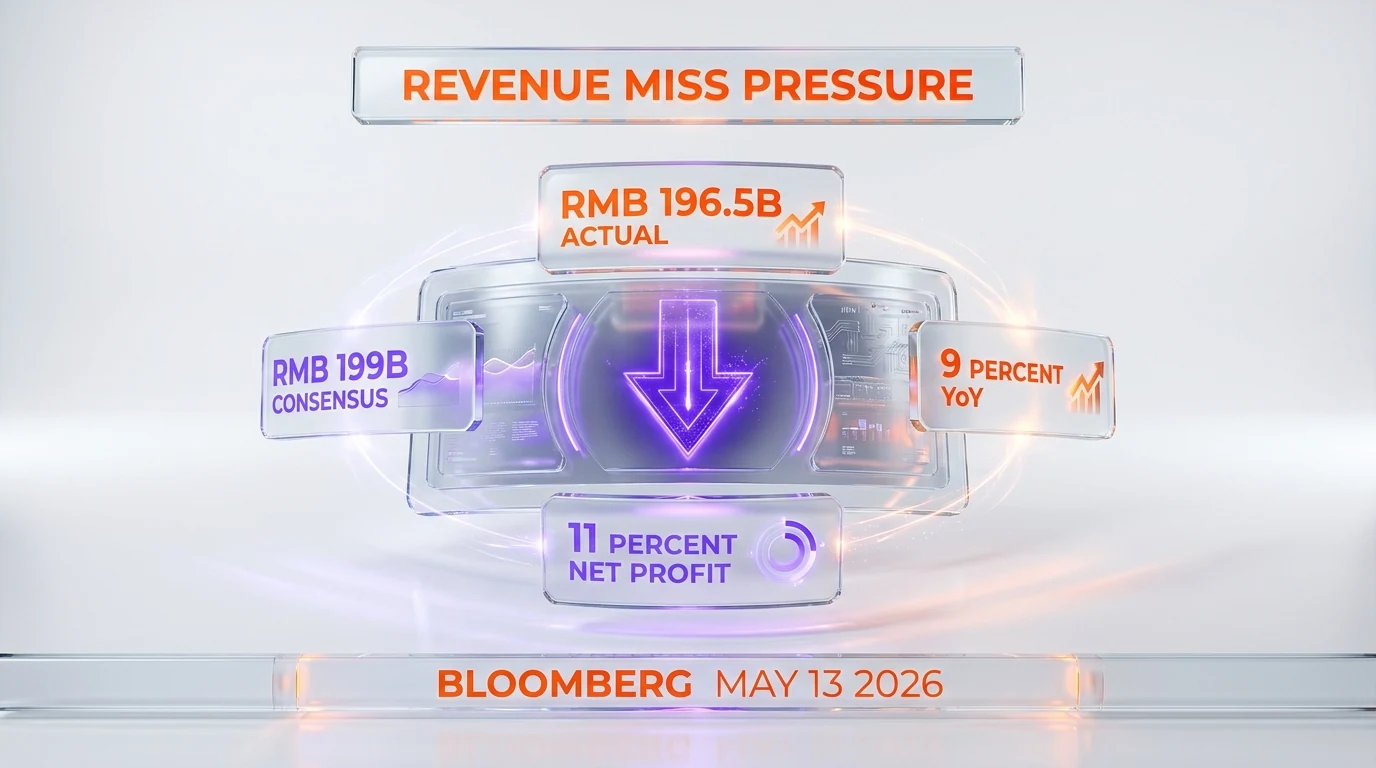 Tencent Q1 2026 revenue miss pressure — consolidated revenue RMB 196.5 billion actual versus RMB 199 billion analyst consensus, 9 percent year over year growth, 11 percent net profit growth, Bloomberg May 13 2026 reporting