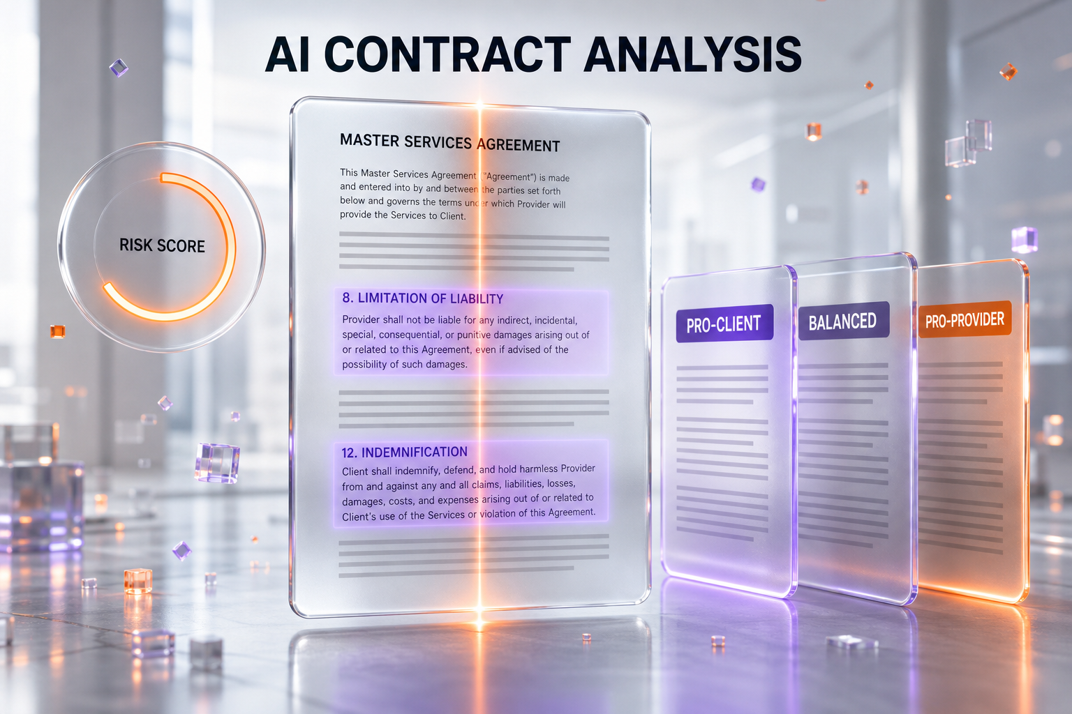 A glassmorphism illustration of a contract being scanned clause by clause and split into three risk-weighted versions, in ThePlanetTools.ai orange and violet — the AI legal tool we run every contract through