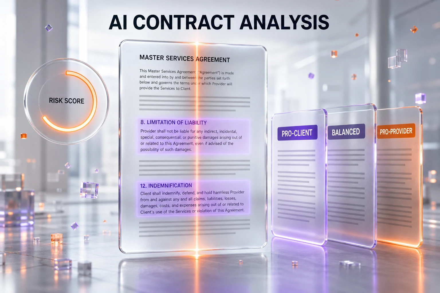 A glassmorphism illustration of a contract being scanned clause by clause and split into three risk-weighted versions, in ThePlanetTools.ai orange and violet — the AI legal tool we run every contract through