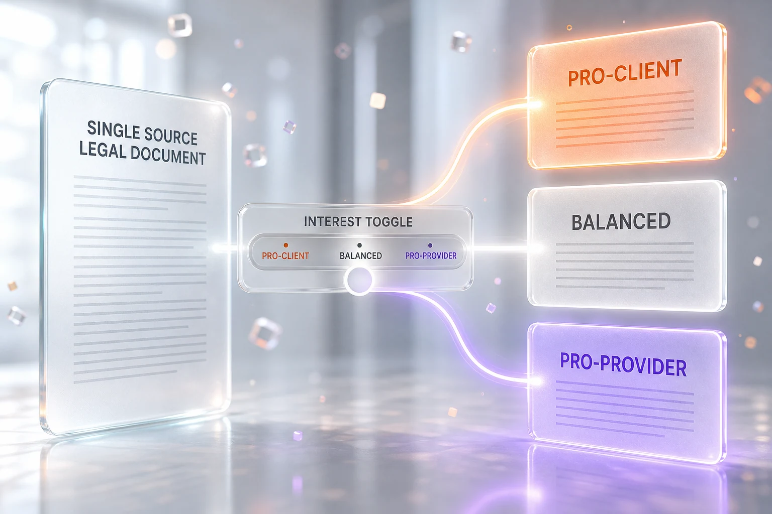 A glassmorphism diagram of one contract splitting into three versions labeled Pro-Client, Balanced, and Pro-Provider, with a slider control, in orange and violet brand colors