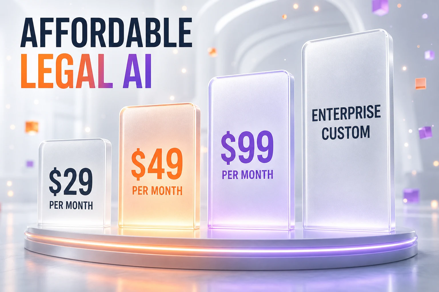 A glassmorphism comparison of three affordable pricing tiers at 29, 49 and 99 dollars per month set against a towering enterprise legal-AI price, in ThePlanetTools.ai orange and violet