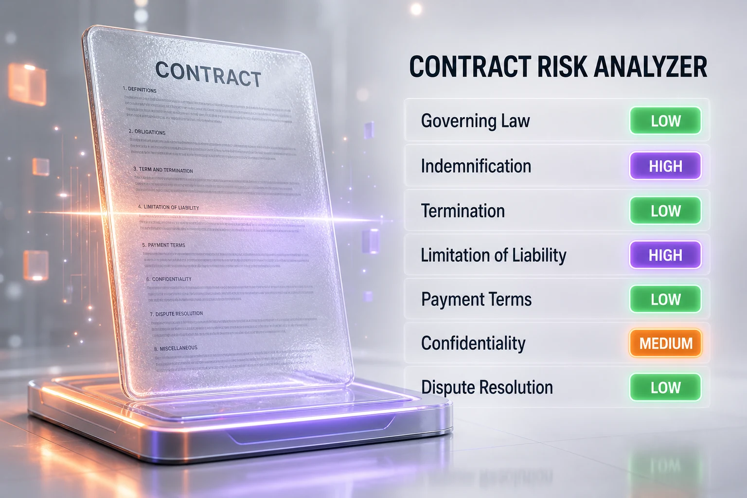 A glassmorphism illustration of a multi-page contract being scanned, with individual clauses lit up and tagged with low, medium, and high risk indicators, in orange and violet