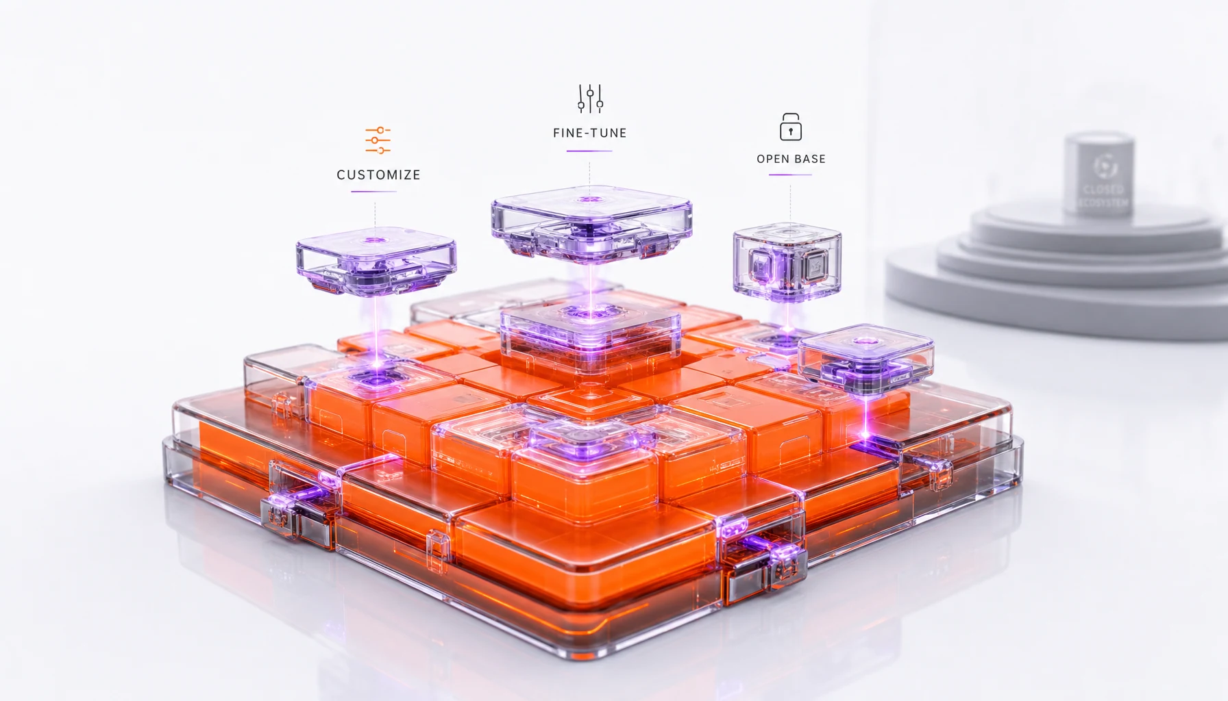 Conceptual visual of Inkling as a modular, customizable open base being adapted with building blocks, rather than a model climbing a leaderboard podium