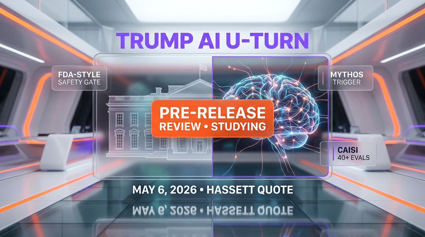Trump White House studying FDA-style AI pre-release review executive order — split image with White House facade, glassmorphism neural network, and a floating caution-vetting badge in orange and violet