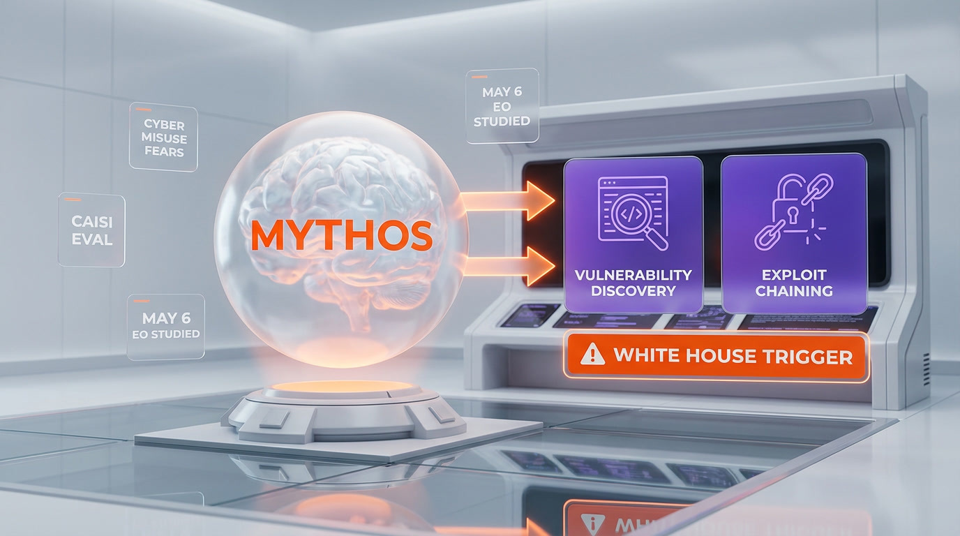 Glassmorphism diagram showing Anthropic Mythos cybersecurity capability concerns triggering White House regulatory review, with vulnerability discovery and exploitation icons in orange and violet