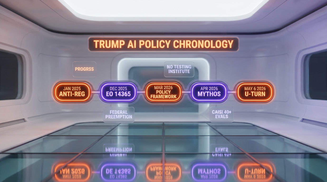 Timeline graphic showing Trump administration AI policy chronology from January 2025 anti-regulation stance to May 6, 2026 pre-release review study, with Anthropic Mythos and CAISI as inflection points