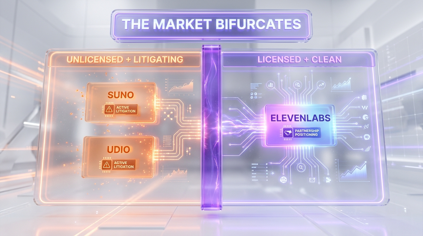 Suno and Udio unlicensed posture versus ElevenLabs licensed positioning