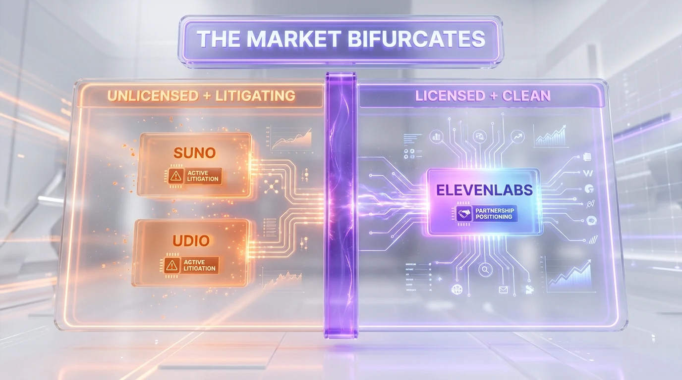 Suno and Udio unlicensed posture versus ElevenLabs licensed positioning