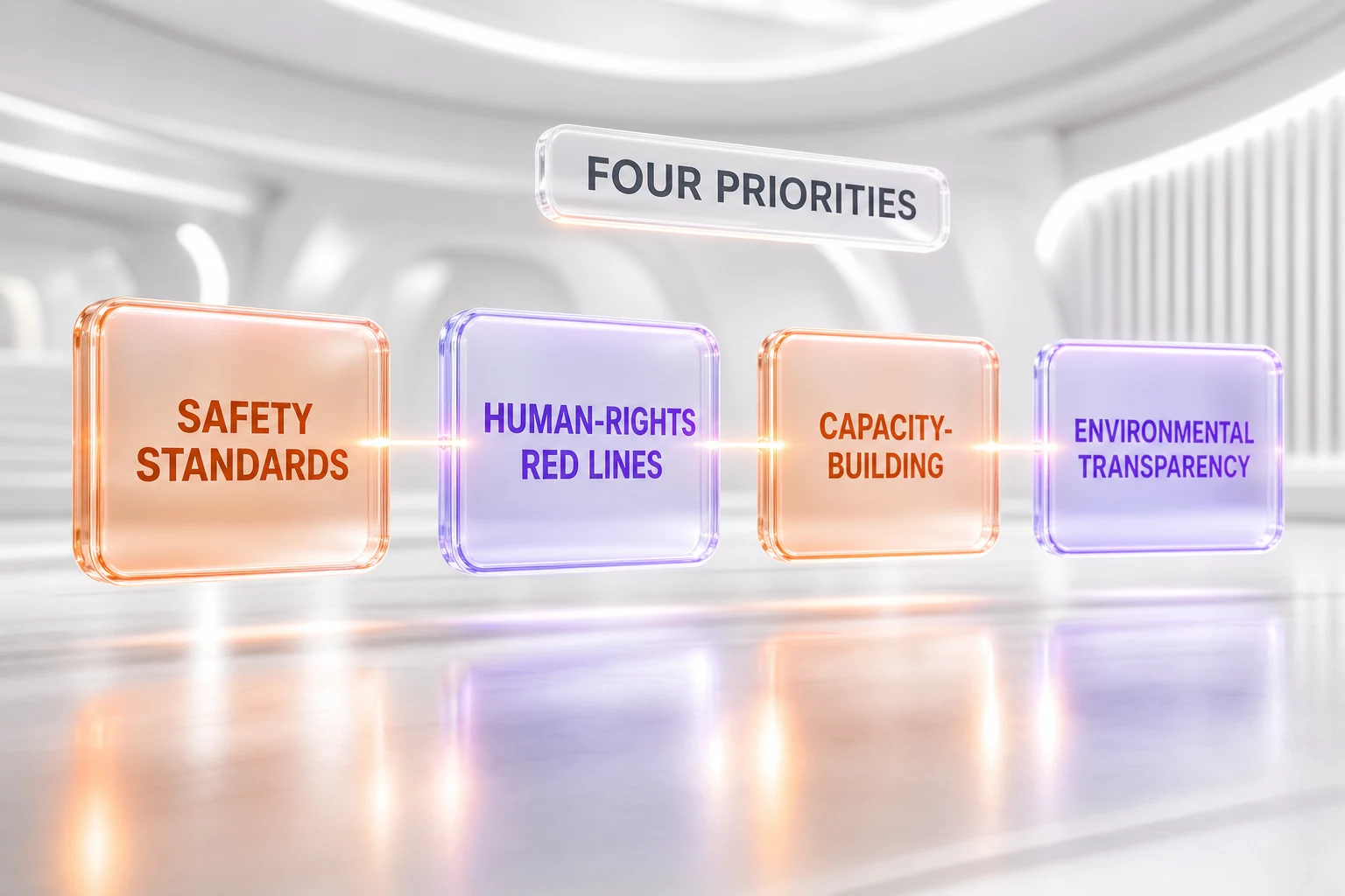 Four glassmorphism panels showing Guterres four AI governance priorities: safety standards, human-rights red lines, capacity-building, environmental transparency