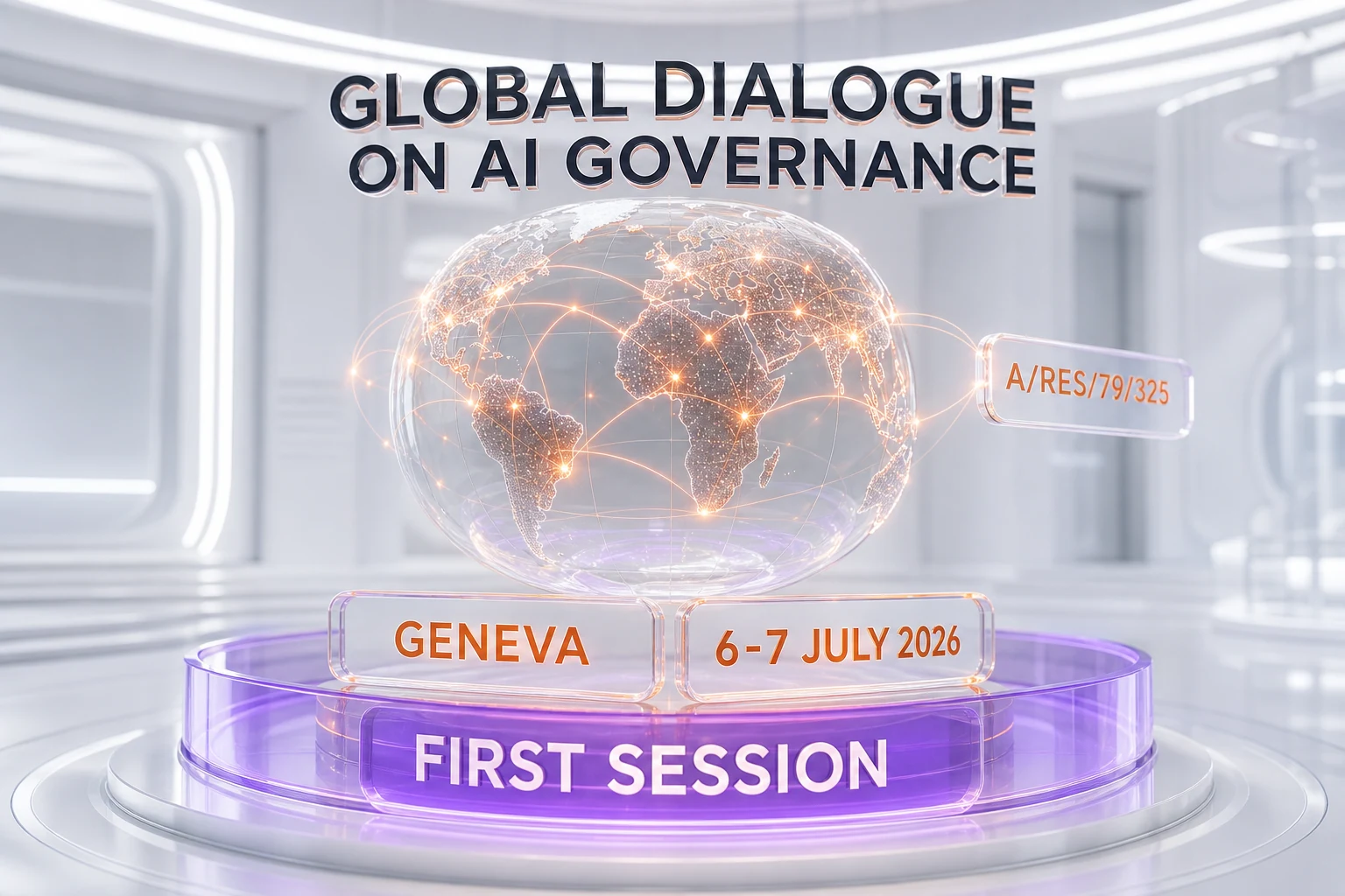 Editorial 3D illustration of the first UN Global Dialogue on AI Governance, Geneva, July 6-7 2026, a universal forum for governing artificial intelligence