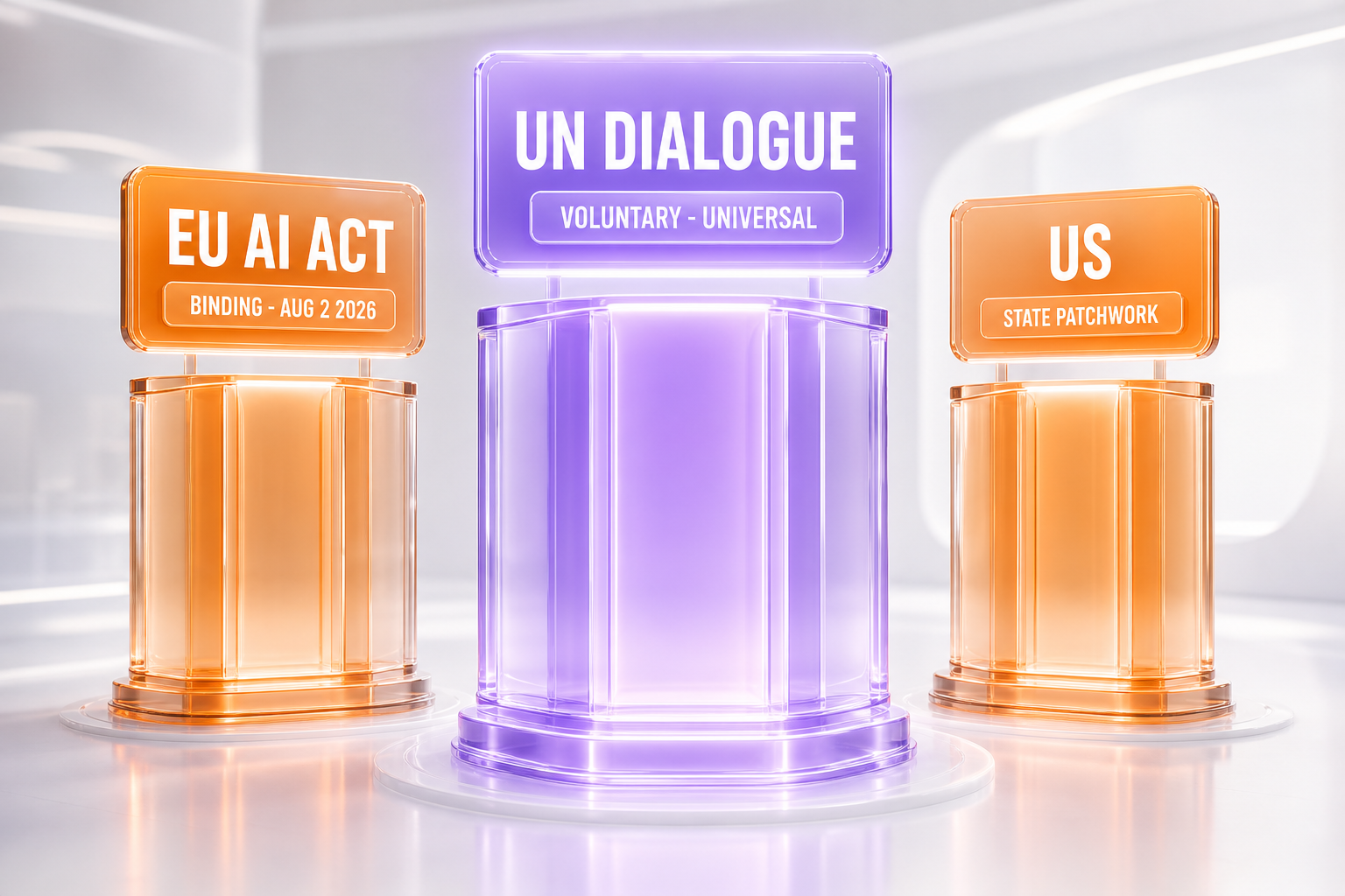 Comparison of three AI governance approaches in 2026: EU AI Act binding, UN Global Dialogue voluntary, US state-law patchwork