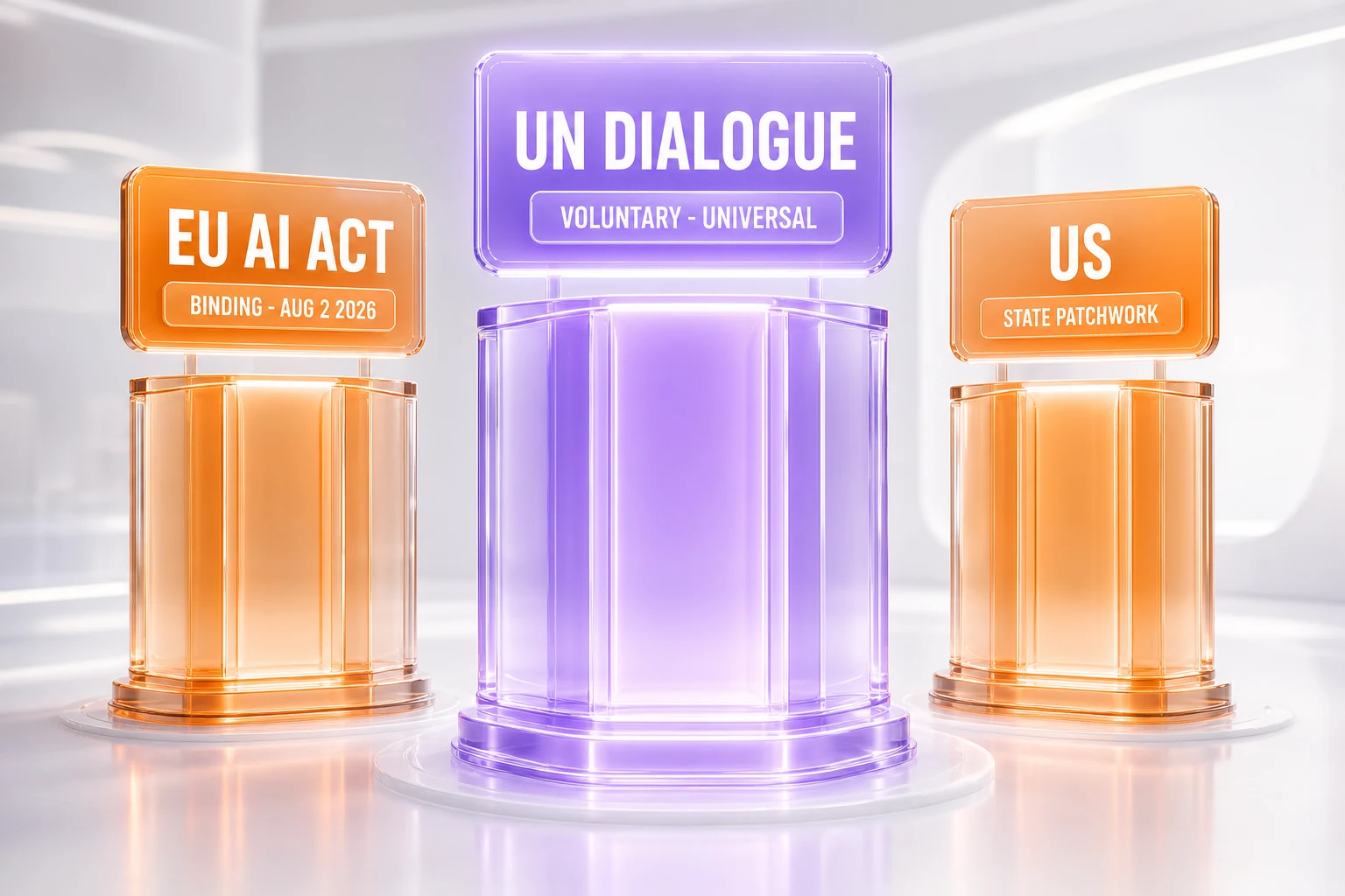 Comparison of three AI governance approaches in 2026: EU AI Act binding, UN Global Dialogue voluntary, US state-law patchwork