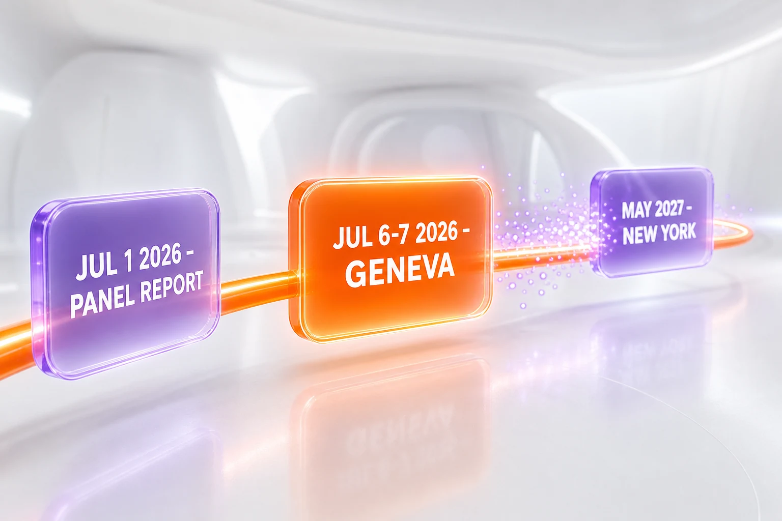 Timeline ribbon from the July 1 2026 first scientific panel report to the Geneva July 2026 session and the New York May 2027 second session