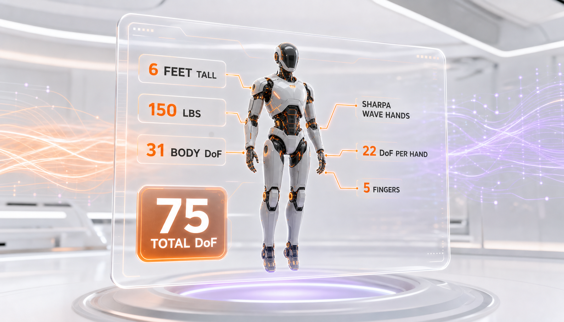 Unitree H2 Plus specifications — 6 feet tall, 150 pounds, 31 body degrees of freedom, Sharpa Wave hands at 22 degrees of freedom each