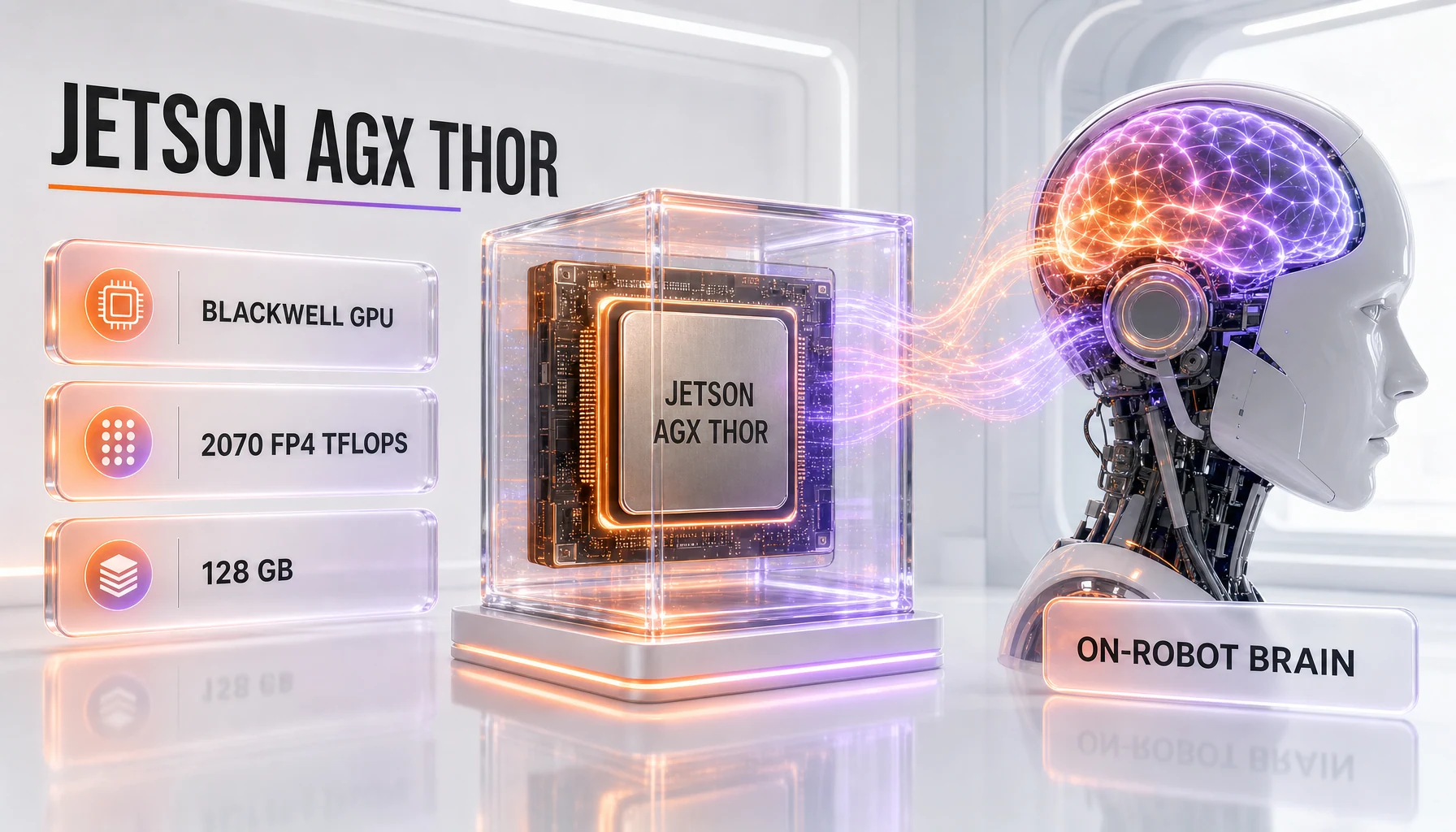 NVIDIA Jetson AGX Thor onboard brain — Blackwell GPU, 2070 FP4 TFLOPS, 128 GB, running Isaac GR00T on the robot