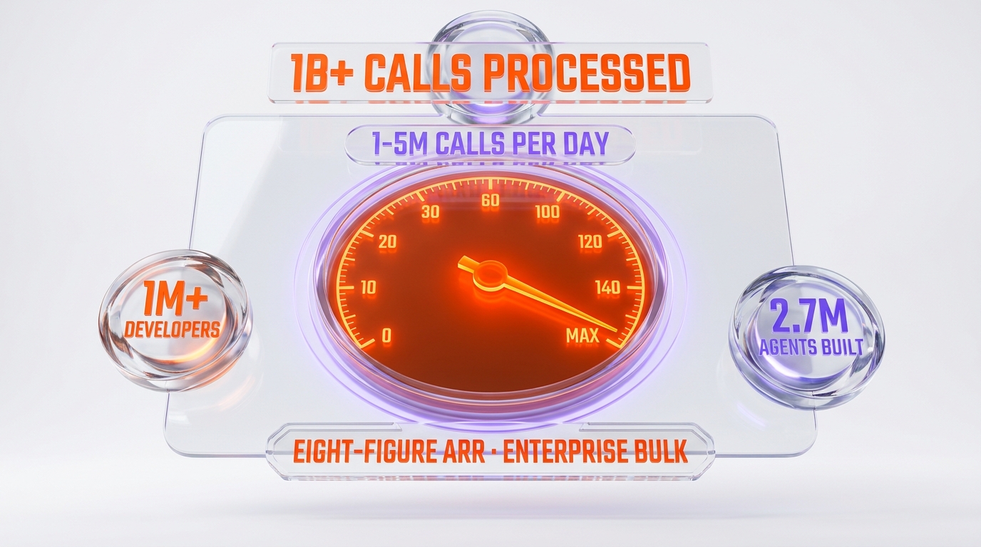 Call volume scale dashboard — Vapi 1B+ calls processed, 1-5M calls per day, 1M+ developers, 2.7M agents built, eight-figure ARR, enterprise bulk