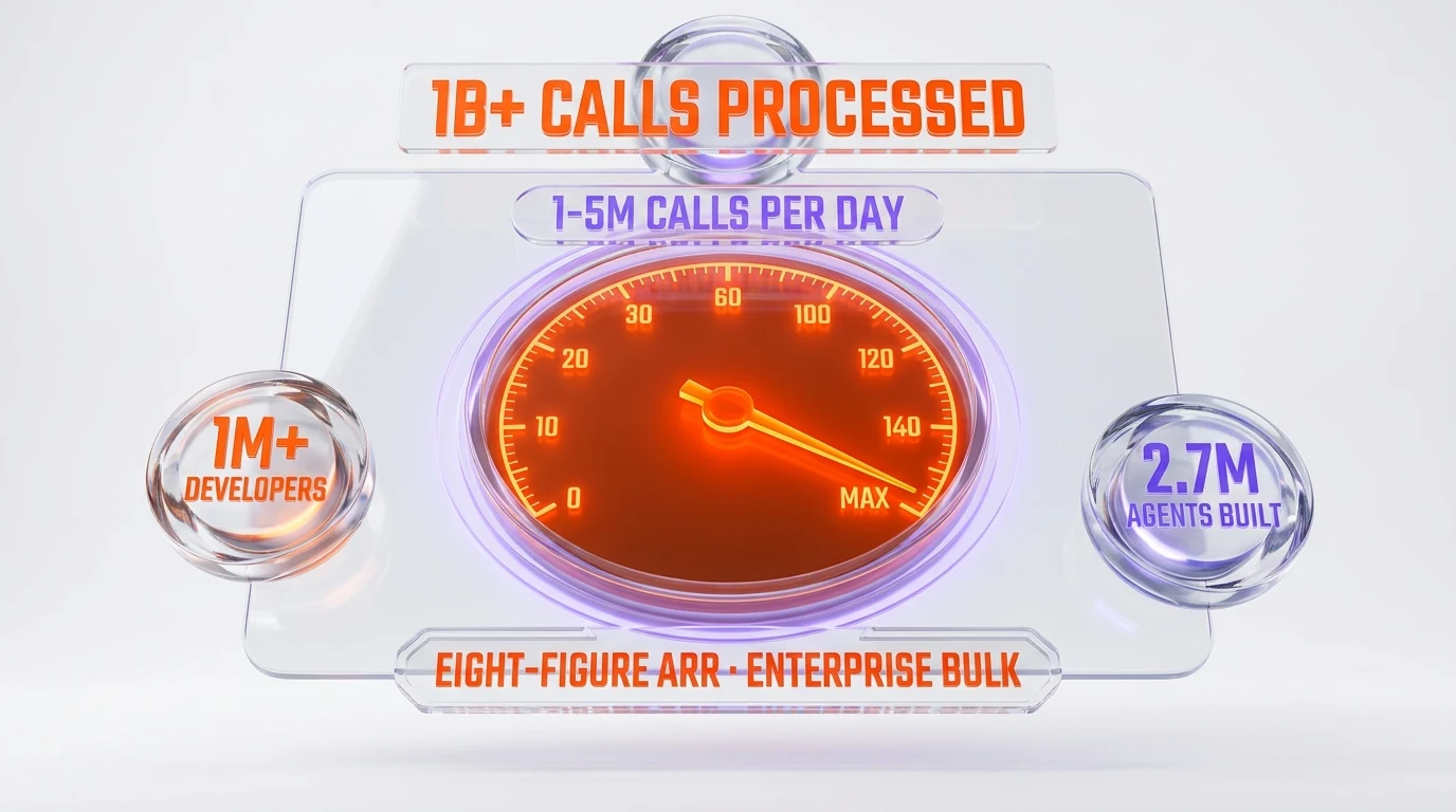 Call volume scale dashboard — Vapi 1B+ calls processed, 1-5M calls per day, 1M+ developers, 2.7M agents built, eight-figure ARR, enterprise bulk