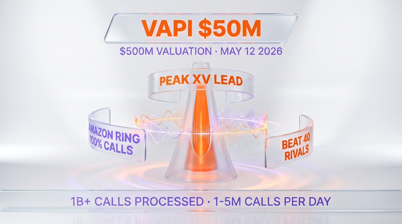 Glassmorphism voice AI command tower — Vapi $50M Series B at $500M valuation, May 12 2026, Peak XV lead, Amazon Ring 100% calls, beat 40 rivals, 1B+ calls processed, 1-5M calls per day