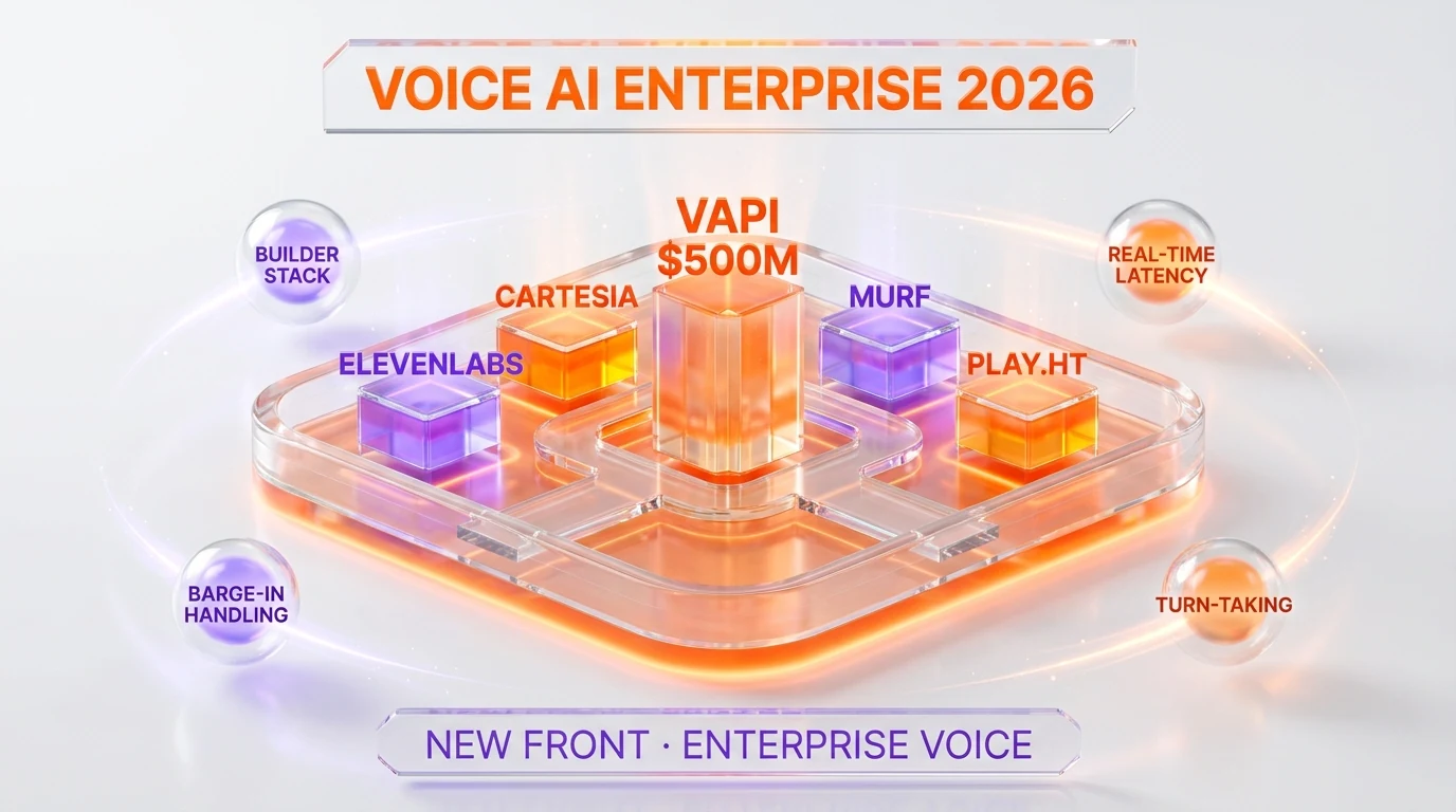 Voice AI enterprise landscape battleground — Vapi $500M, ElevenLabs, Cartesia, Murf, Play.ht, builder stack, real-time latency, barge-in handling, turn-taking, new front enterprise voice 2026