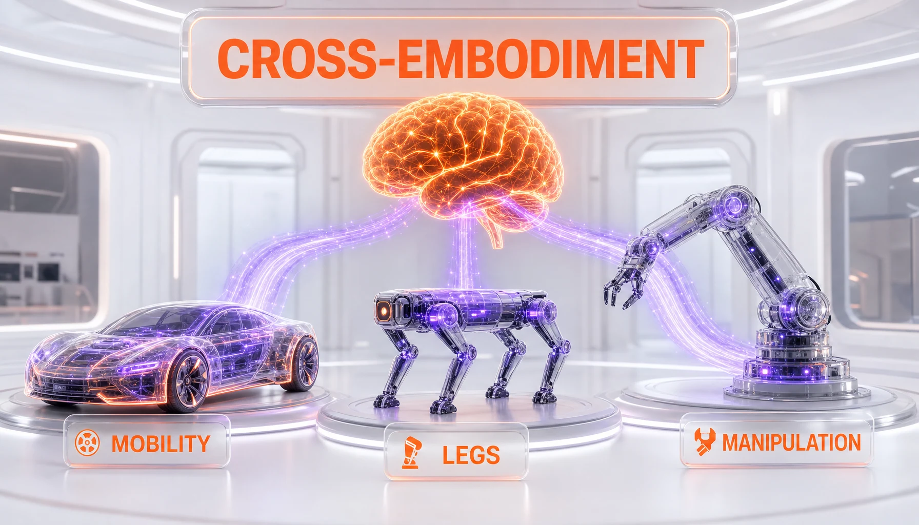 Cross-embodiment learning diagram — one model across car, legged, and manipulation robots