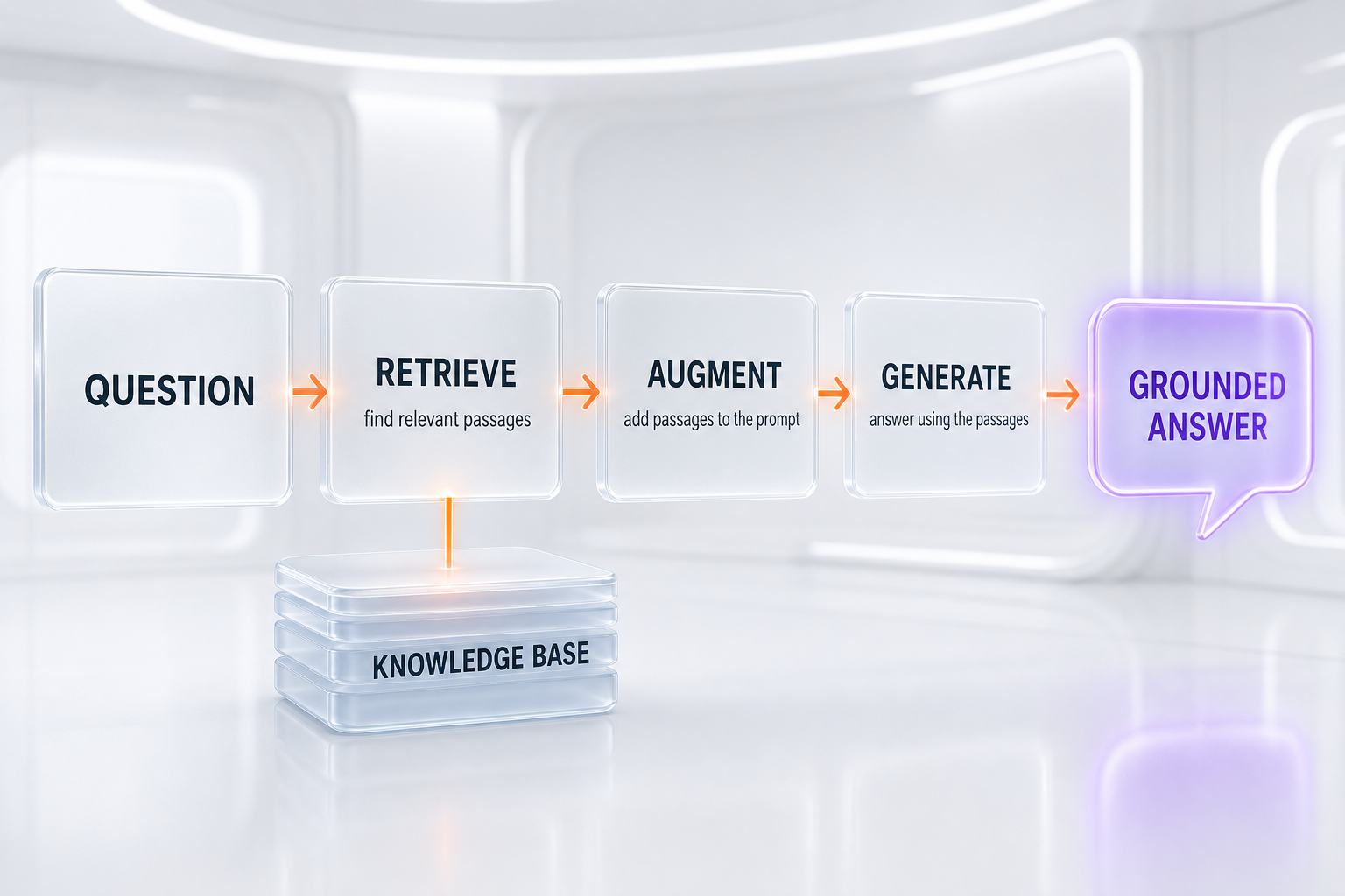 The RAG pipeline: question, retrieve, augment, generate, grounded answer
