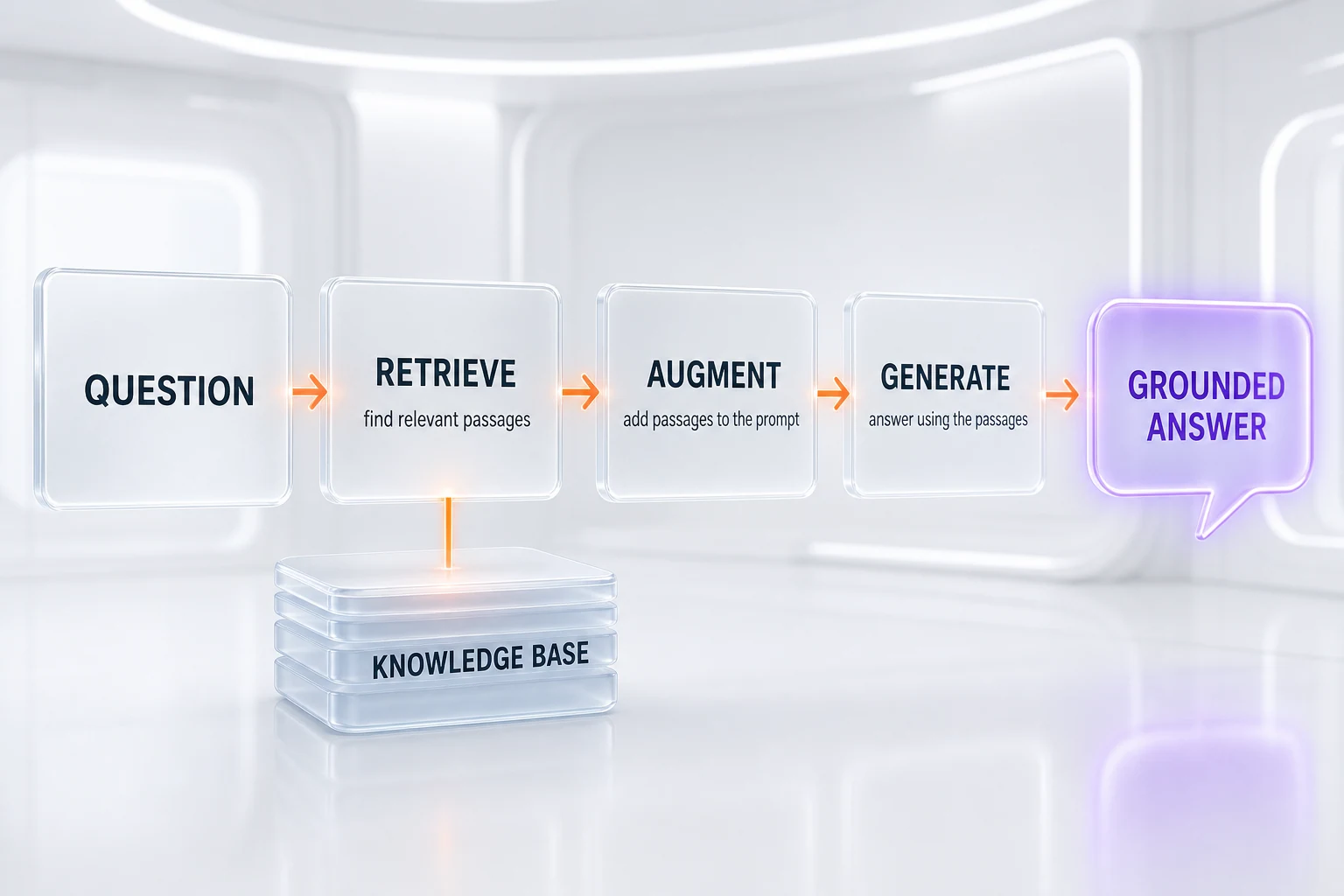 The RAG pipeline: question, retrieve, augment, generate, grounded answer