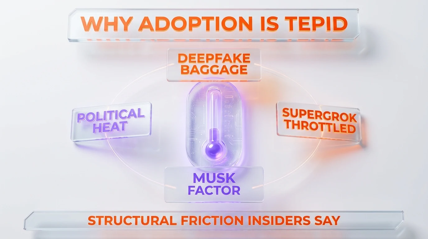 xAI adoption headwinds — Grok deepfake baggage, political endorsement controversy, SuperGrok paid tier throttled May 13 2026, Musk factor and brand association complications for compliance and procurement reviewers