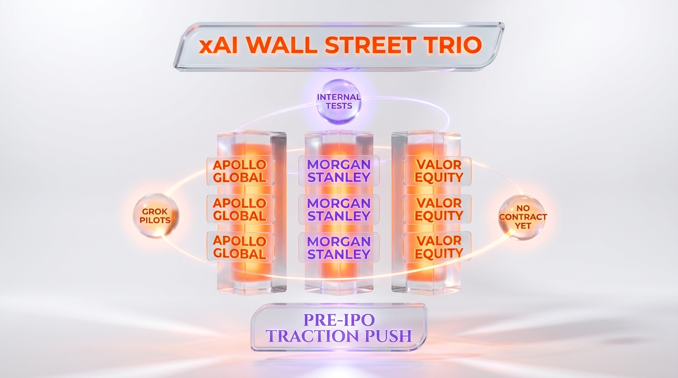 xAI Wall Street trio anatomy — Apollo Global Management, Morgan Stanley, and Valor Equity Partners running internal Grok pilots ahead of the SpaceX IPO, no commercial contracts signed yet, evaluation stage only