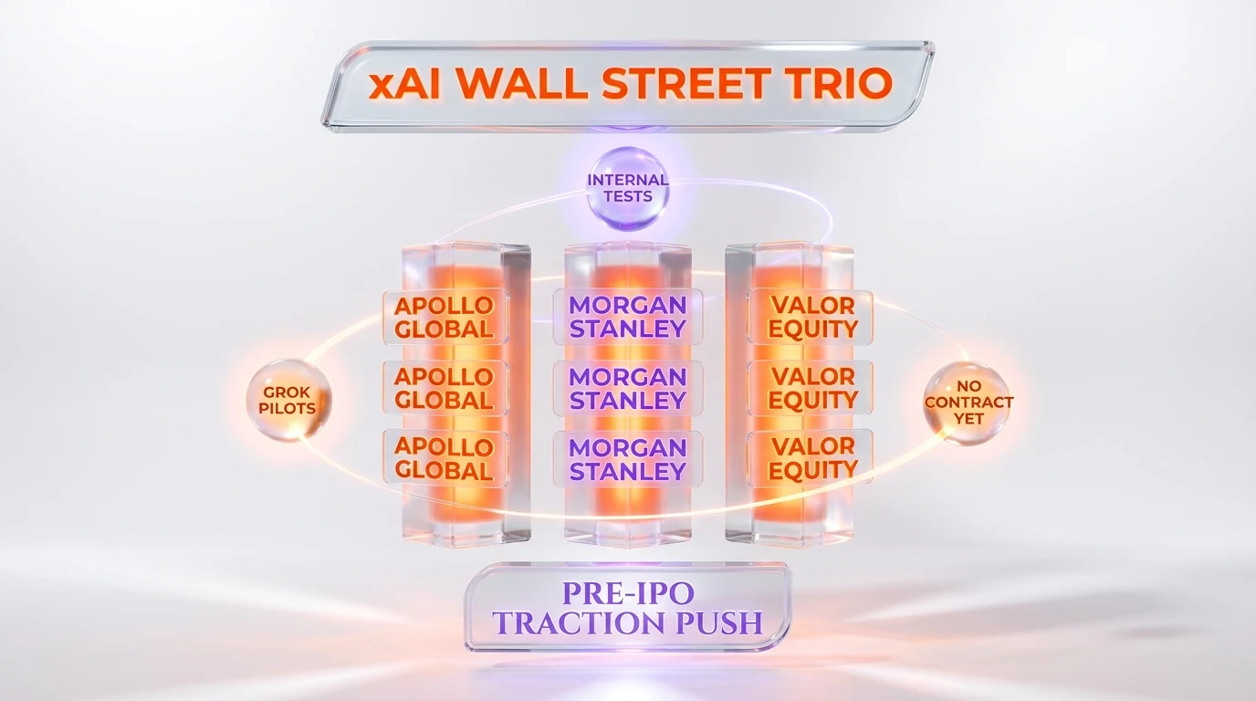 xAI Wall Street trio anatomy — Apollo Global Management, Morgan Stanley, and Valor Equity Partners running internal Grok pilots ahead of the SpaceX IPO, no commercial contracts signed yet, evaluation stage only