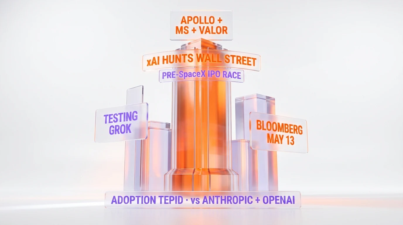 Glassmorphism Wall Street trio tower — xAI courts Apollo Global, Morgan Stanley, and Valor Equity internally testing Grok ahead of the SpaceX IPO, adoption tepid versus Anthropic and OpenAI Deployment Company