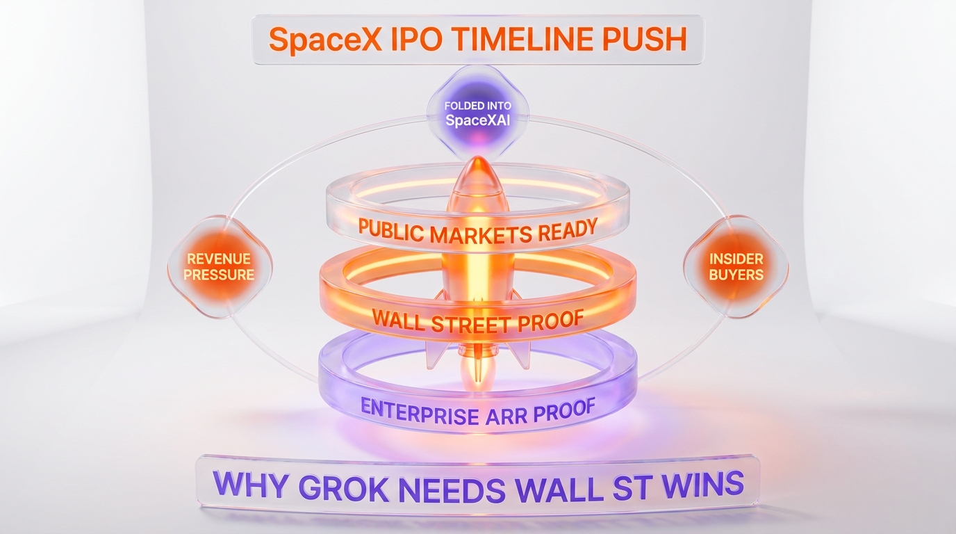 xAI pre-SpaceX IPO revenue thesis rocket — enterprise annual recurring revenue proof points, Wall Street validation, public markets readiness, folded into SpaceXAI, revenue pressure, insider buyers