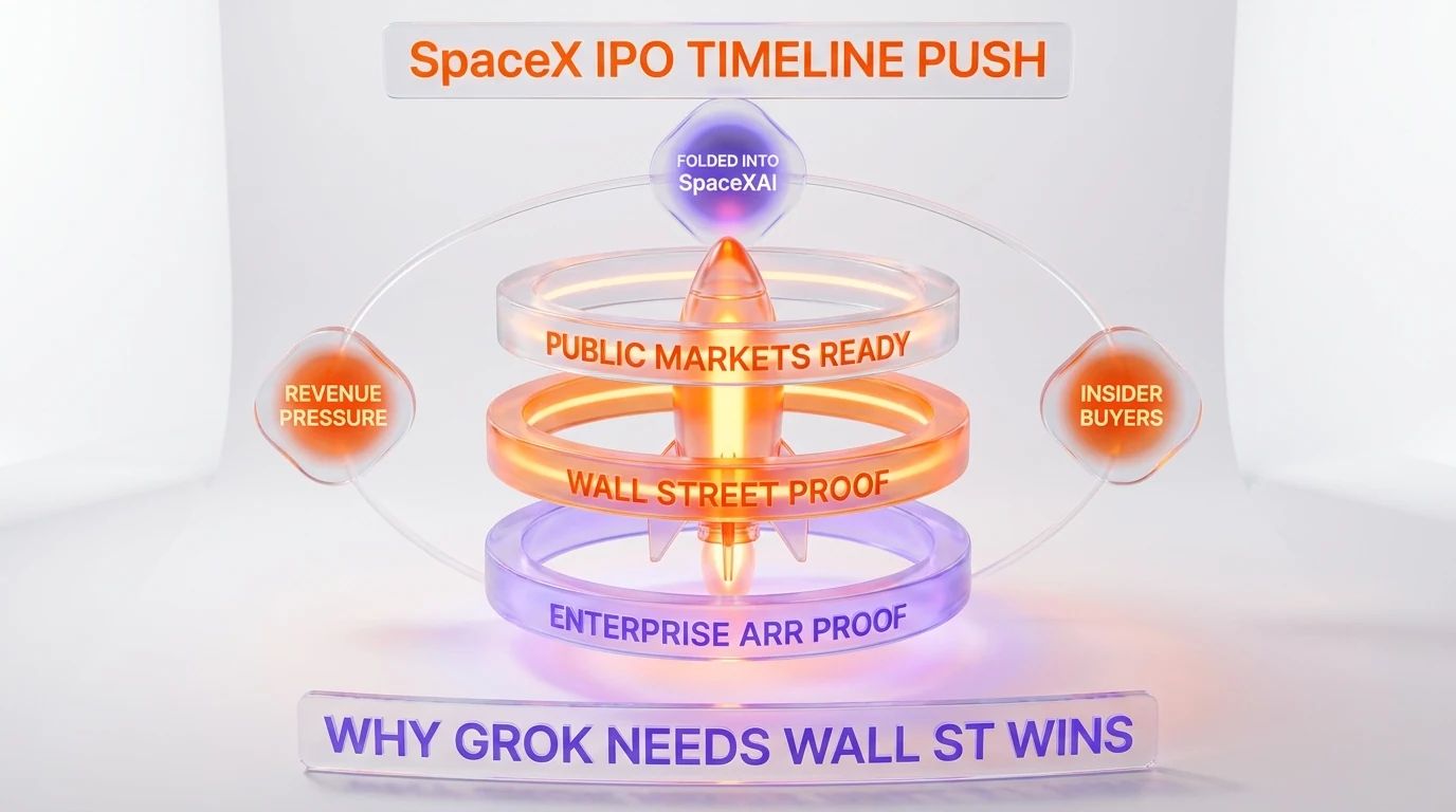 xAI pre-SpaceX IPO revenue thesis rocket — enterprise annual recurring revenue proof points, Wall Street validation, public markets readiness, folded into SpaceXAI, revenue pressure, insider buyers