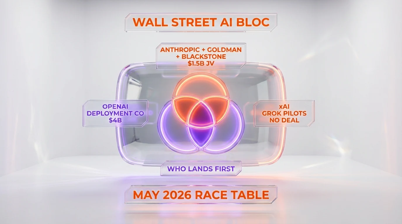 Wall Street AI race map May 2026 — Anthropic plus Goldman plus Blackstone $1.5 billion joint venture, OpenAI Deployment Company $4 billion with Bain McKinsey Capgemini Tomoro, xAI Grok pilots at Apollo Morgan Stanley Valor without signed deals yet
