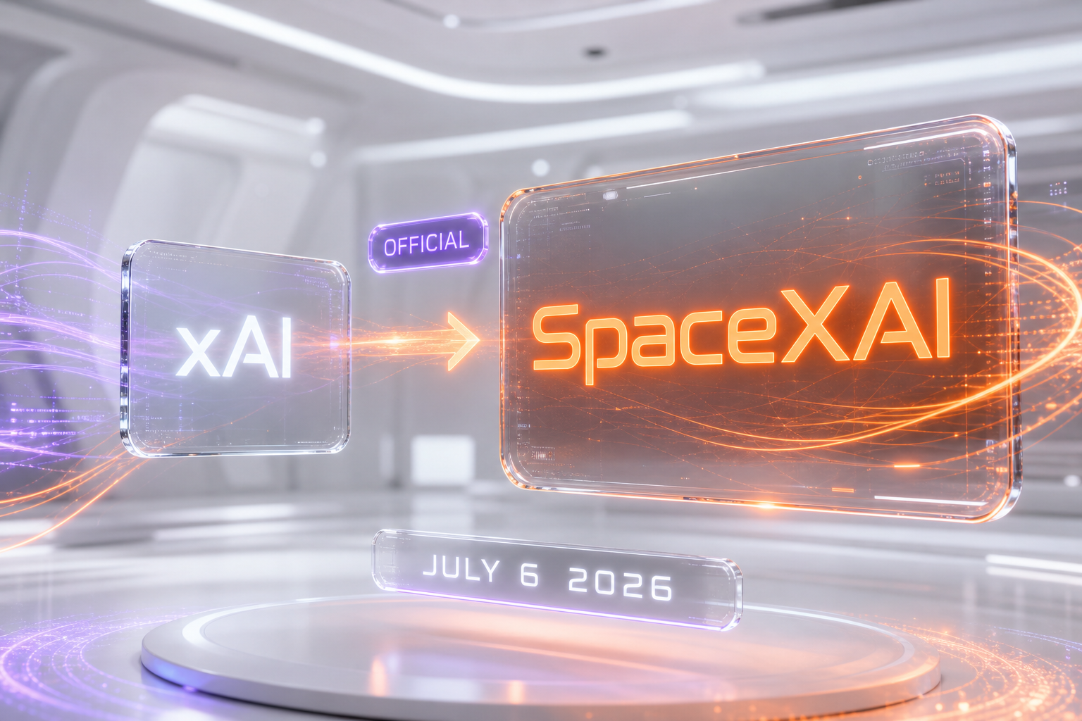 xAI rebrands to SpaceXAI on July 6, 2026 — wordmark transition illustration