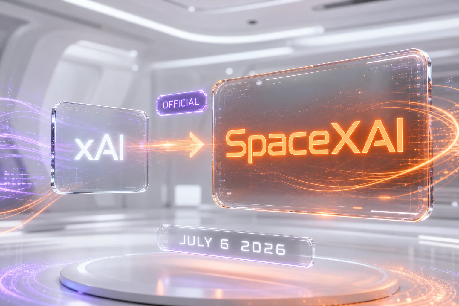 xAI rebrands to SpaceXAI on July 6, 2026 — wordmark transition illustration