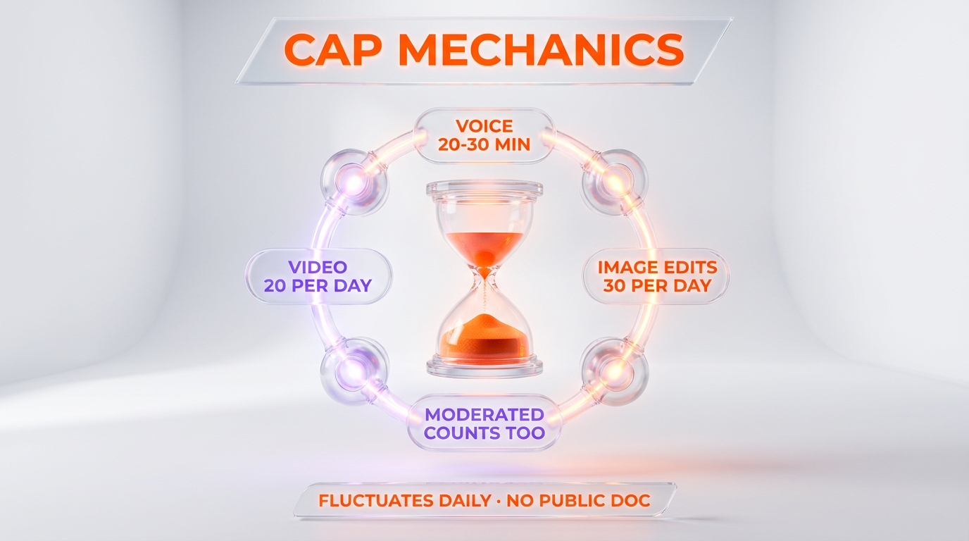 Cap mechanics anatomy — SuperGrok voice 20-30 minute lockout, video 20 per day, image edits 30 per day, moderation counts too, fluctuates daily no public documentation, May 13 2026