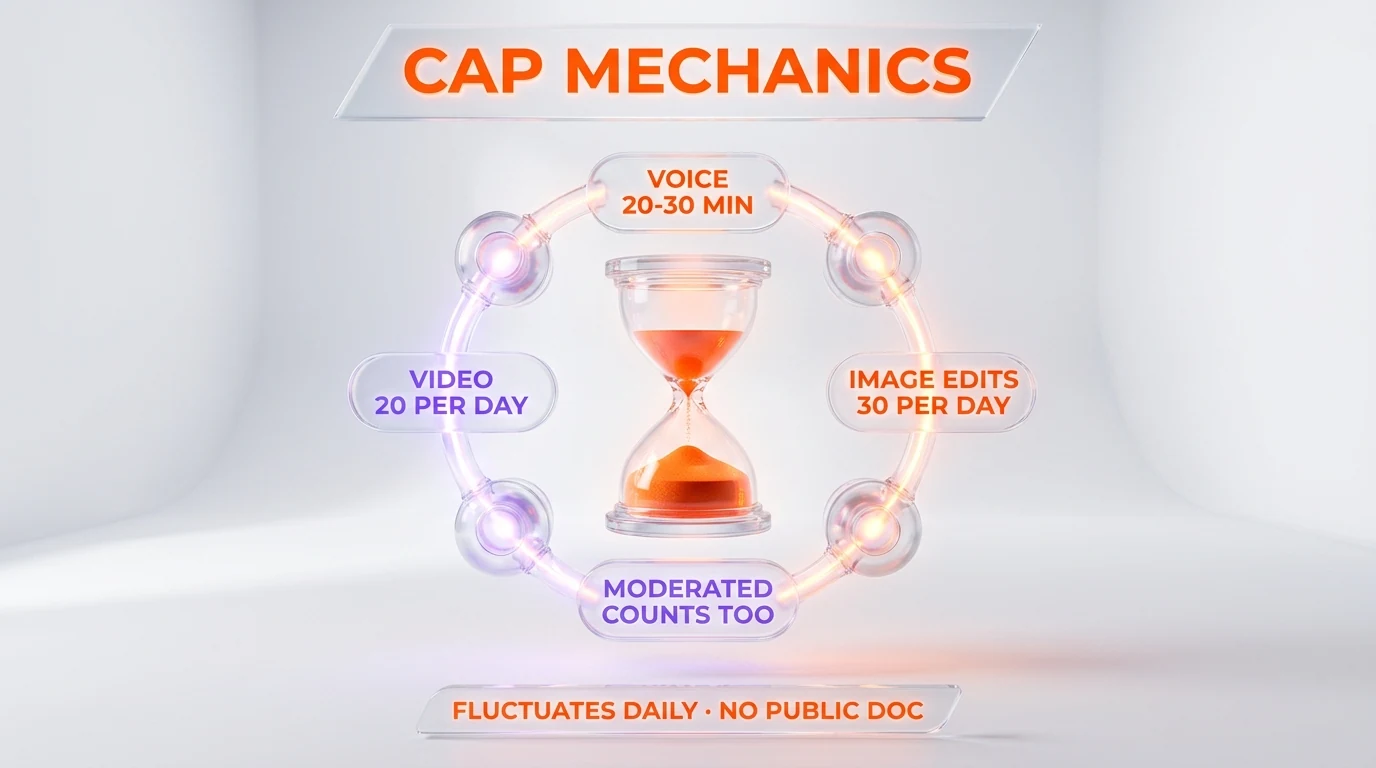Cap mechanics anatomy — SuperGrok voice 20-30 minute lockout, video 20 per day, image edits 30 per day, moderation counts too, fluctuates daily no public documentation, May 13 2026