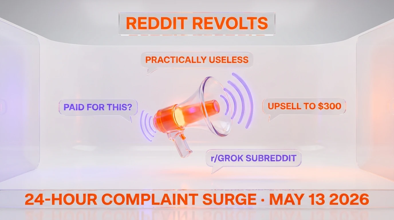 Community backlash megaphone — Reddit revolts, practically useless complaints, paid users questioning value, upsell pressure to $300 tier, r/grok subreddit, 24-hour complaint surge May 13 2026