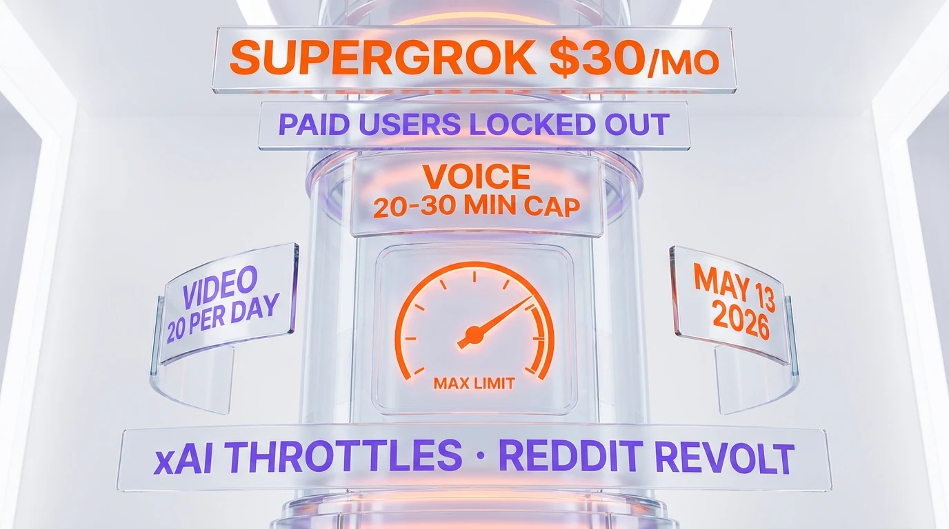 Glassmorphism subscription paywall tower — SuperGrok $30 paid tier throttled on May 13 2026, voice locked after 20-30 minutes, video capped at 20 per day, Reddit revolt