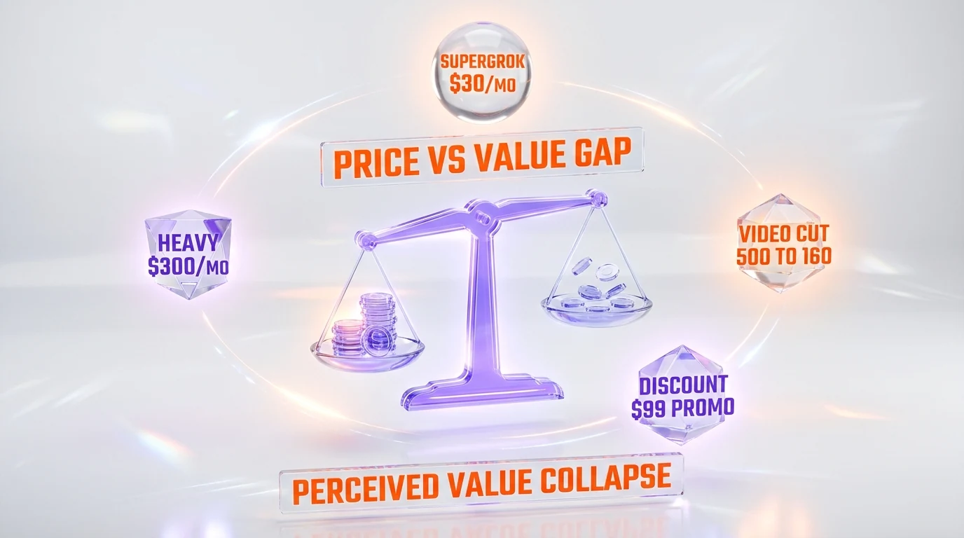 Paid tier economics balance scale — SuperGrok $30 per month, Heavy $300 per month, video allowance cut from 500 to 160, $99 promotional discount, perceived value collapse, price vs value gap