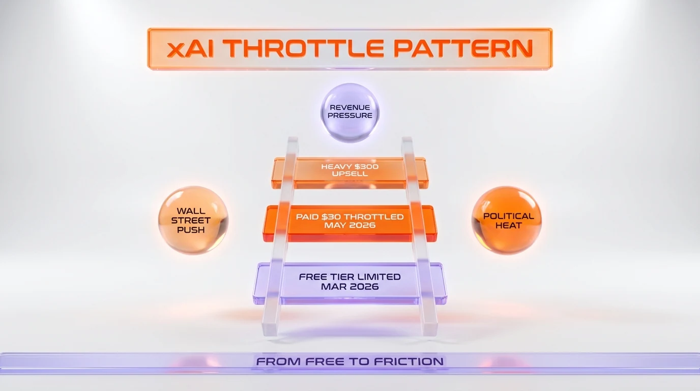 xAI monetization pattern ladder — free tier limited March 2026, paid $30 throttled May 2026, Heavy $300 upsell pressure, revenue pressure, Wall Street push, political heat, from free to friction