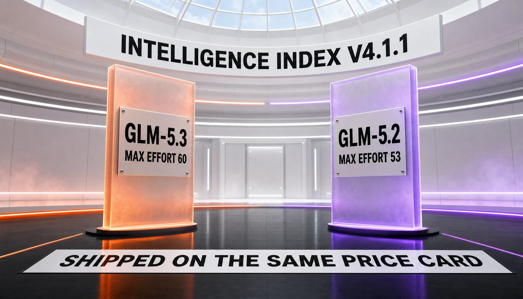 GLM-5.3 scores 60 on the Artificial Analysis Intelligence Index at the same list price as GLM-5.2, which scores 53