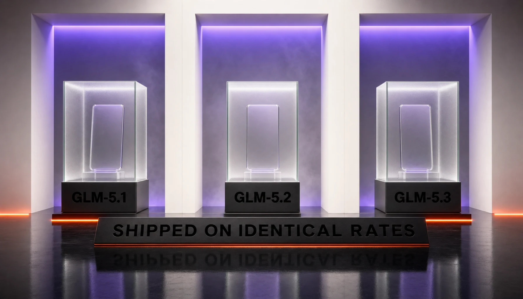 GLM-5.1, GLM-5.2 and GLM-5.3 shown side by side as three identical display cases on one shared price card