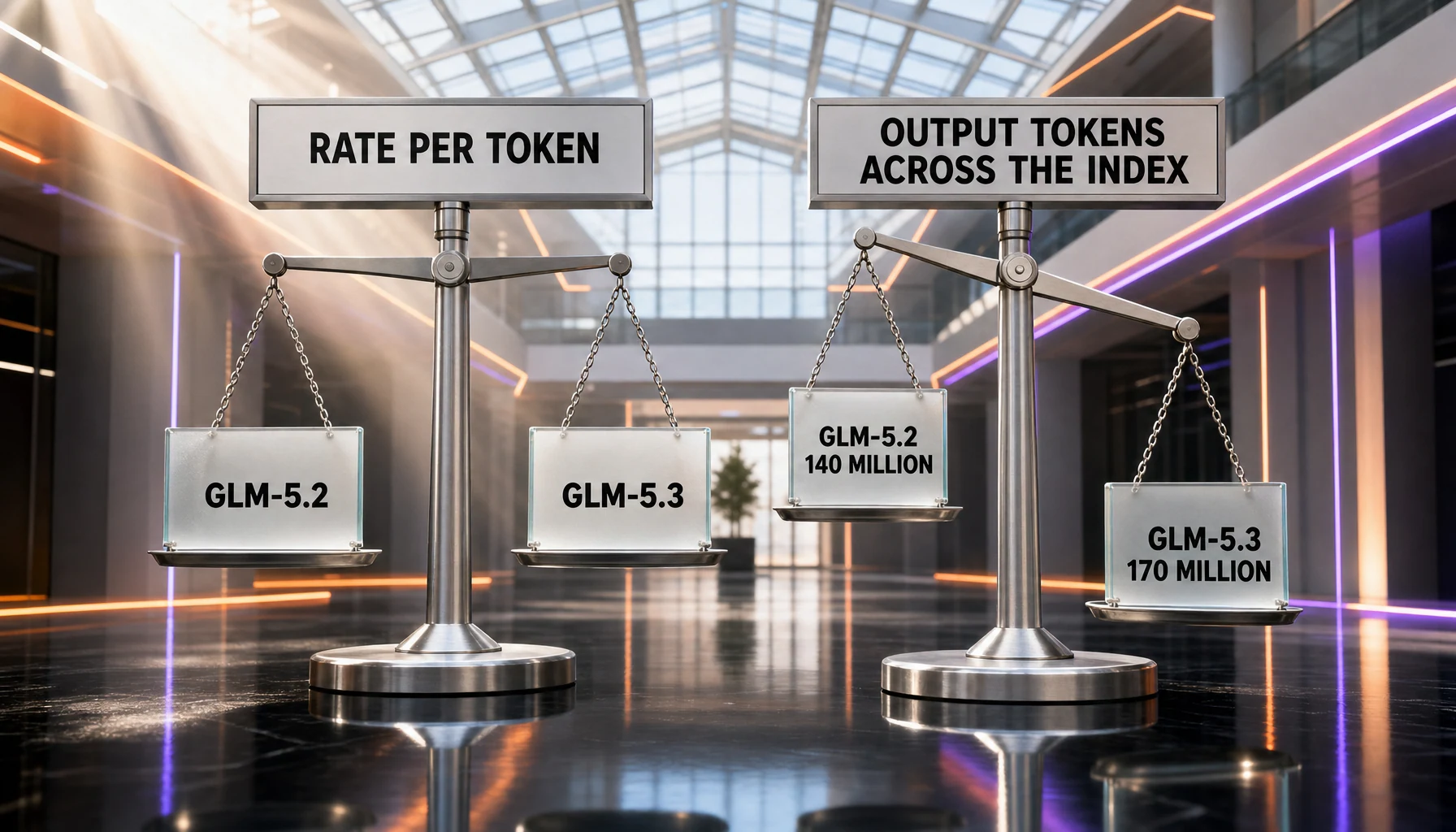 Identical per-token rate for GLM-5.2 and GLM-5.3 next to the different output token volumes Artificial Analysis recorded across the index