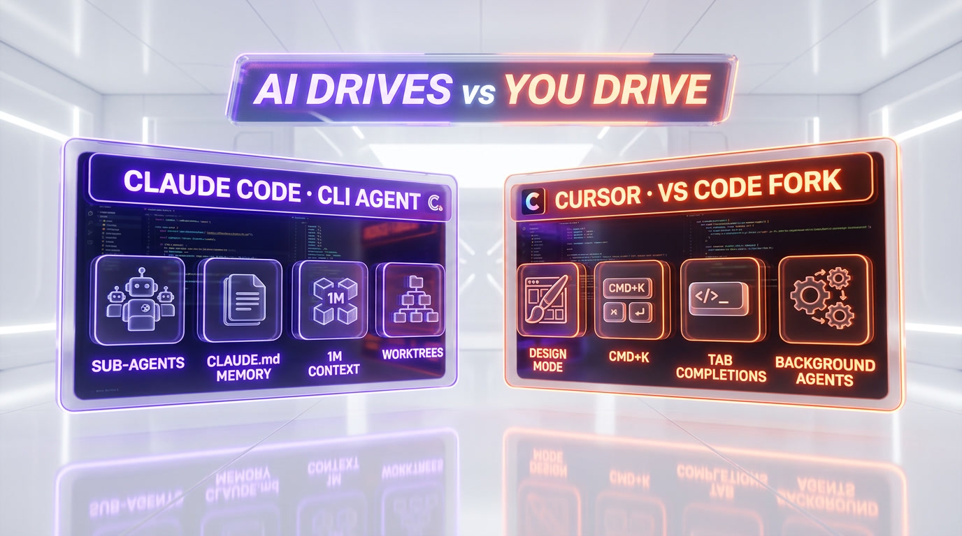Claude Code vs Cursor agent architecture — terminal CLI versus VS Code IDE fork philosophy