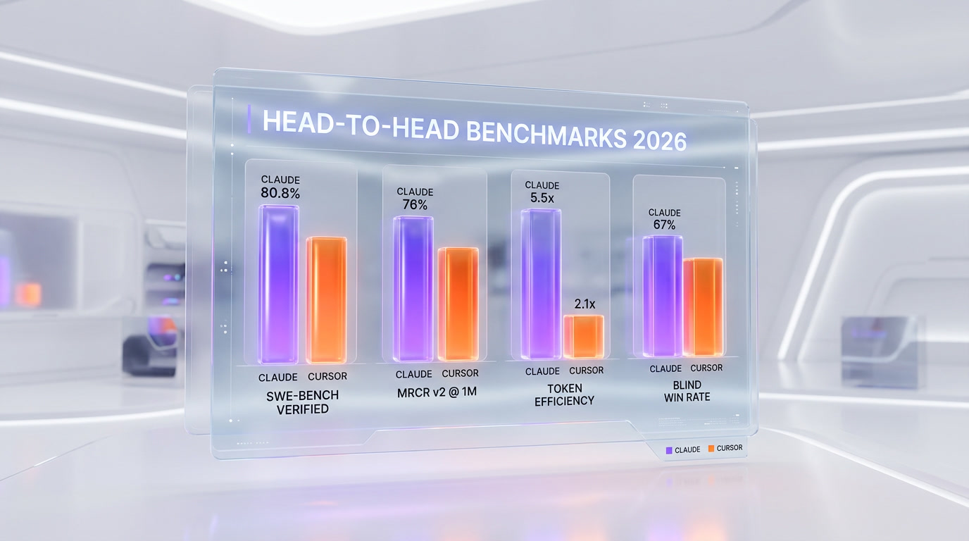 Claude Code vs Cursor benchmark scorecard — SWE-bench Verified, context window, token efficiency 2026