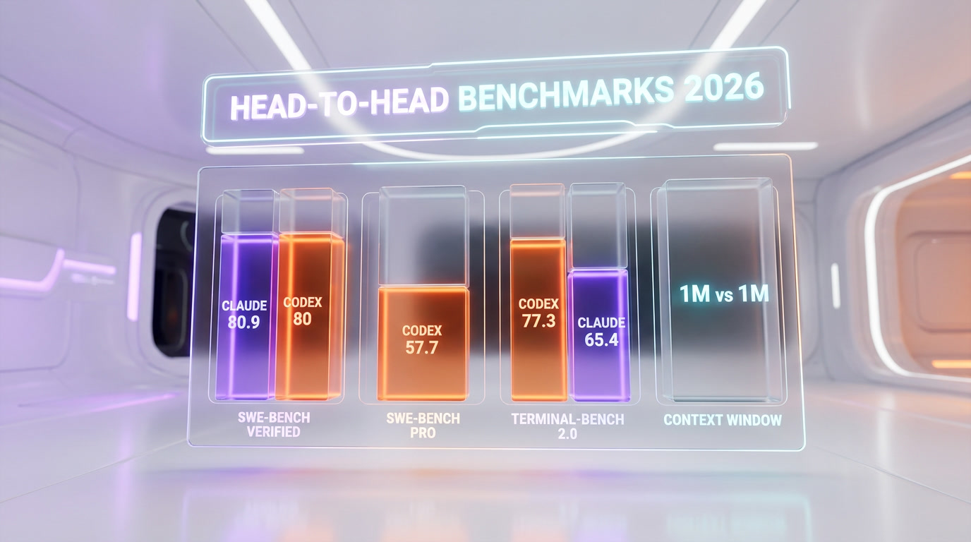 Claude Code vs Codex benchmark scorecard — SWE-bench Verified, Terminal-Bench 2.0, SWE-bench Pro 2026