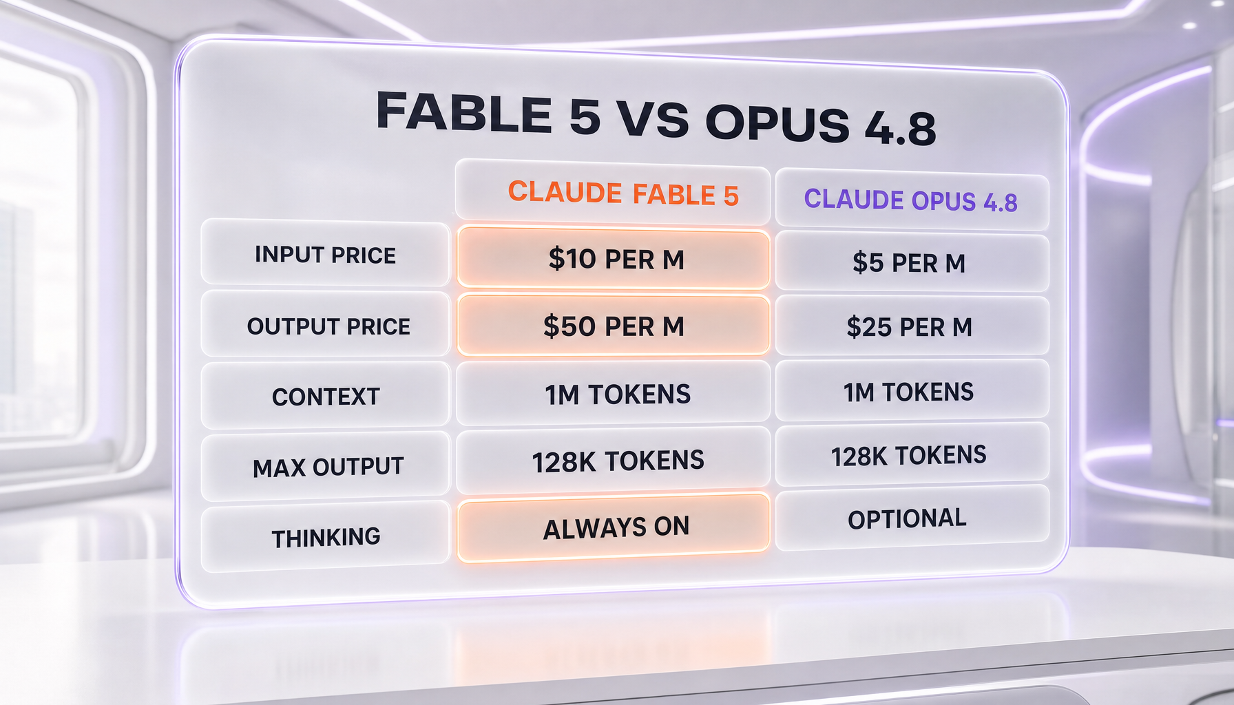 Claude Fable 5 vs Claude Opus 4.8 — pricing, context window, output and thinking compared in one table
