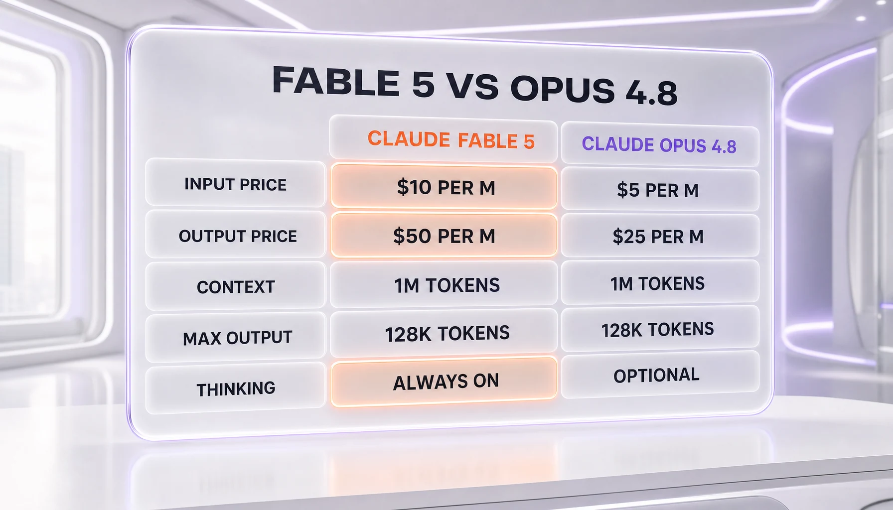 Claude Fable 5 vs Claude Opus 4.8 — pricing, context window, output and thinking compared in one table